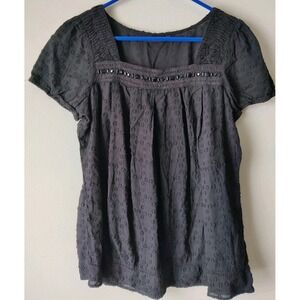 a.n.a. Women's Boho Top Black Square Neck Beaded Trim 100% Cotton‎ Size Large